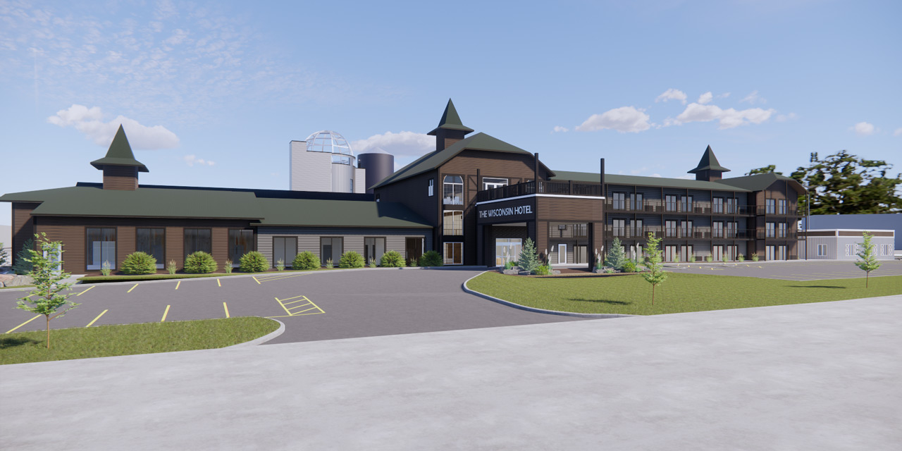 Rendering of a hotel entrance.