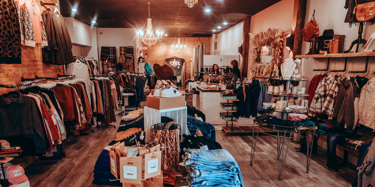 Boutique interior with clothing.